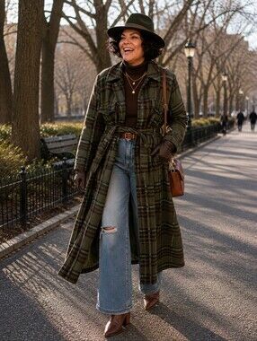 Eloquii Olive Plaid Belted Trench Coat